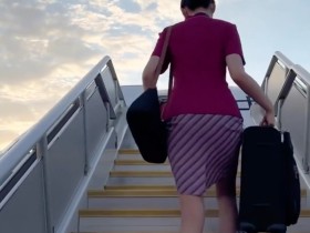 停机坪上拎着行李箱走上飞机的南航空姐背影
