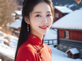 雪地里的中国红旗袍美女模特